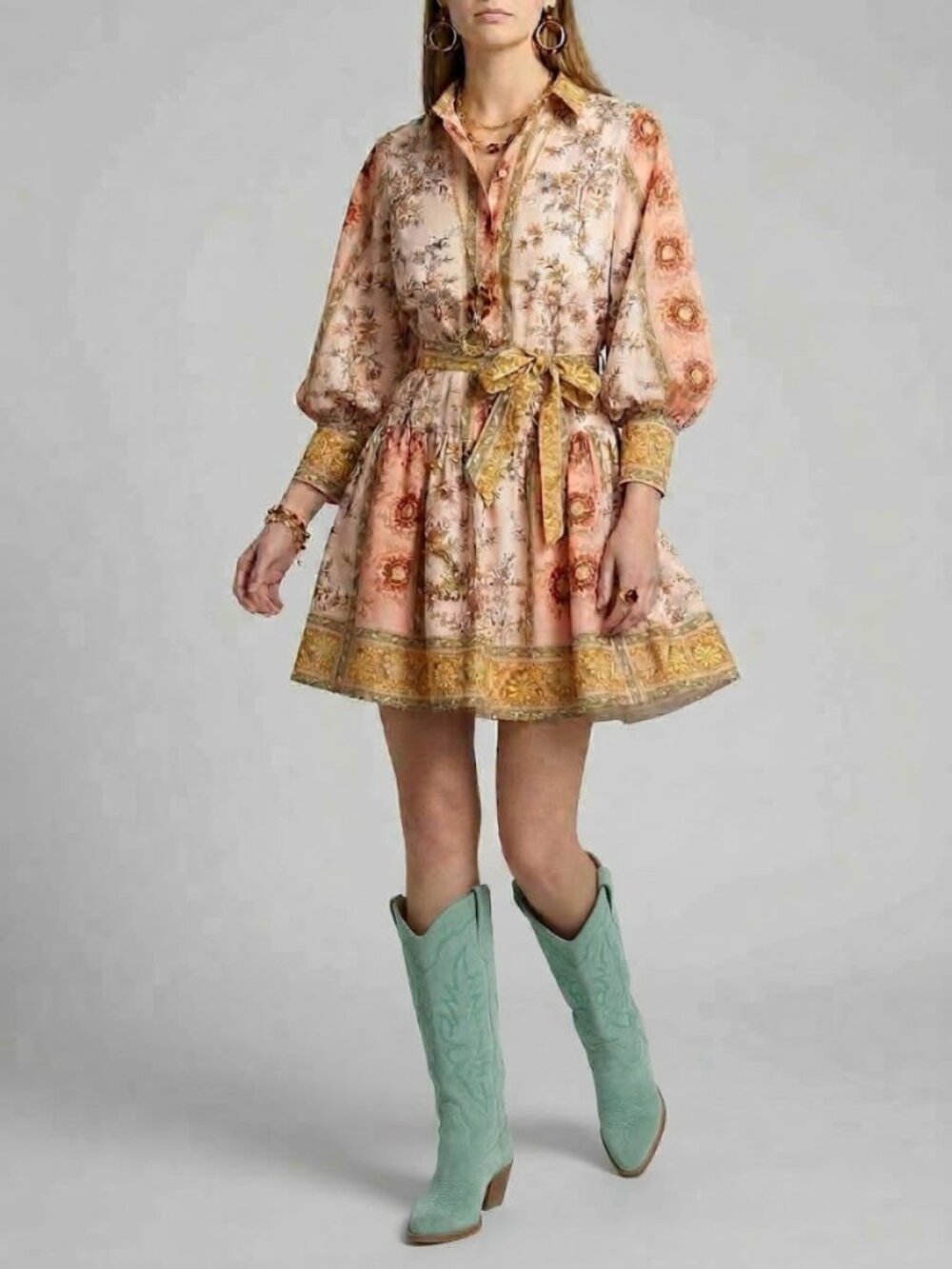 Kobi Halperin Belted Floral Mini Dress Puff Sleeve Blush Gold Scarf NWT